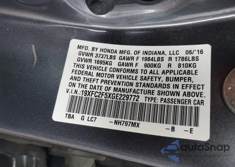 2016 Honda Civic Lx z USA, uszkodzony, nr VIN 19XFC2F5XGE229772